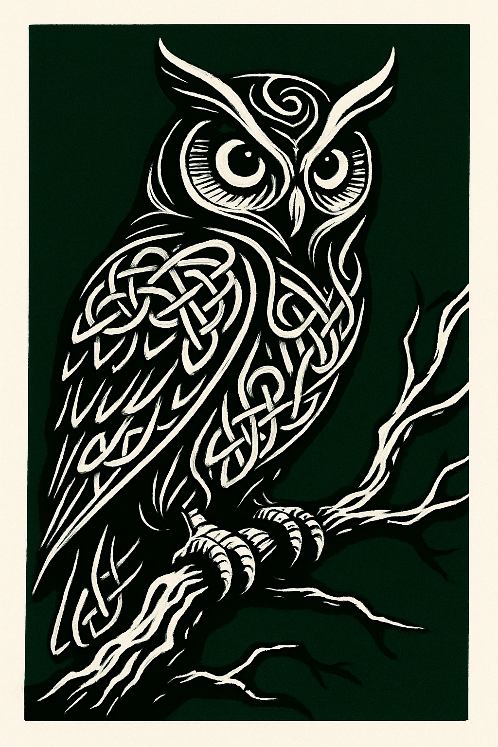 Intricate Black and White Owl Woodcut Illustration Art