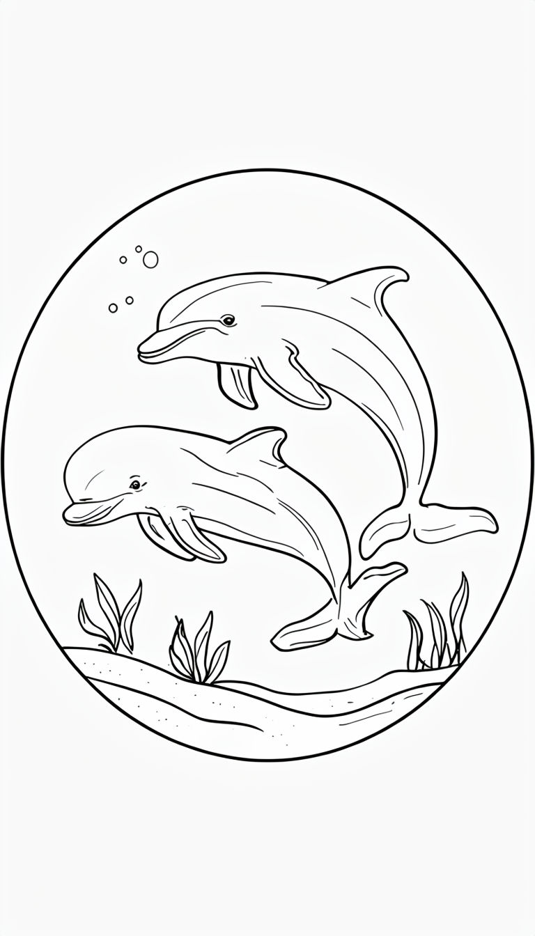 Playful Dolphins Swimming Underwater Line Drawing Coloring Book Pages