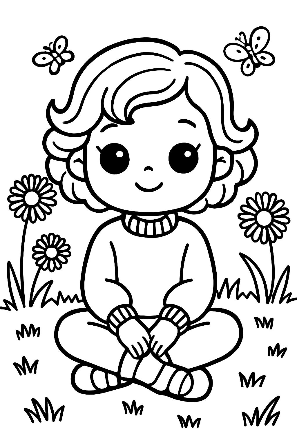 Cute Cartoon Child with Flowers and Butterflies Coloring Page