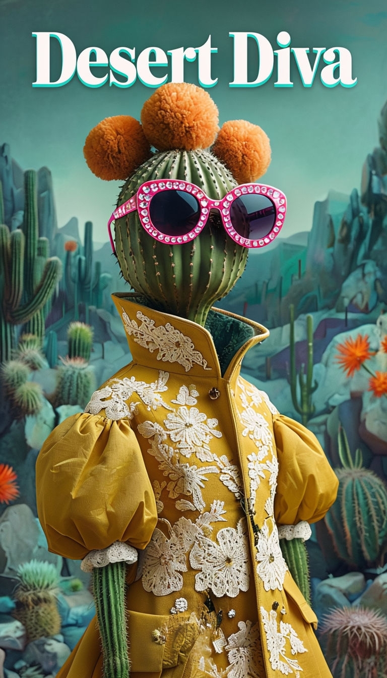 Whimsical Desert Diva Cactus Character Art with Fashion Flair