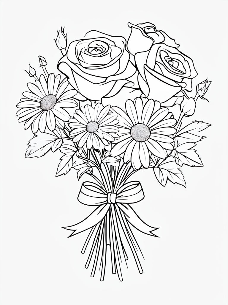 Minimal Line Drawing of Bouquet with Roses and Daisies Coloring Book Pages