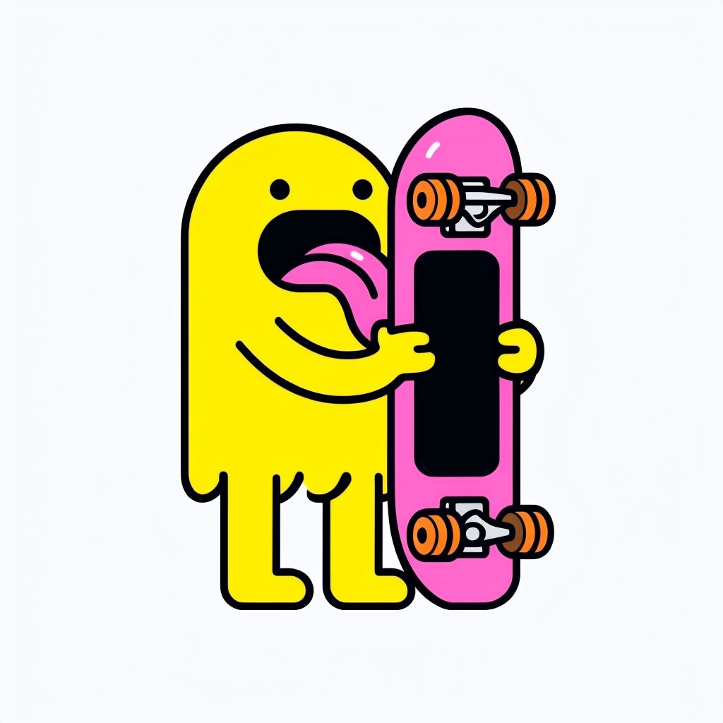 Playful Cartoon Yellow Character with Pink Skateboard Sticker