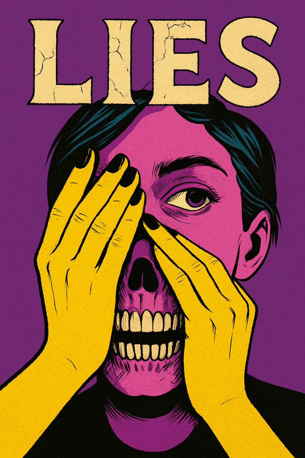 Surreal Pop Art Face with Bold Colors and LIES Typography T-Shirt