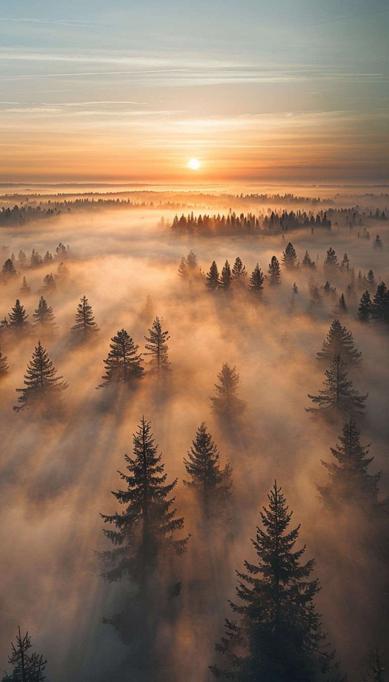 Serene Sunrise Over Misty Forest Landscape Mobile Wallpaper