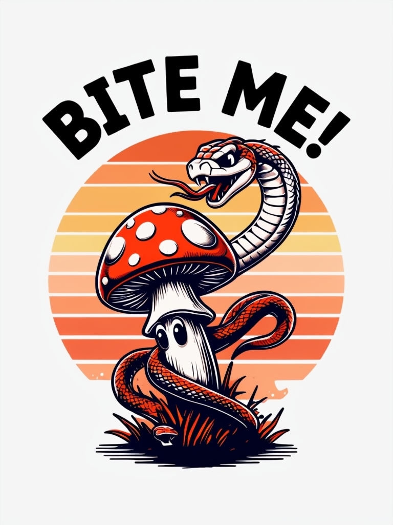 Playful Snake Attacking Toadstool with Bite Me Text T-Shirt