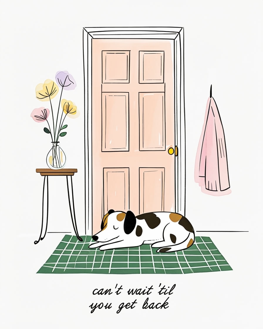 Cozy Hand-Drawn Indoor Scene with Dog and Flowers Card Design