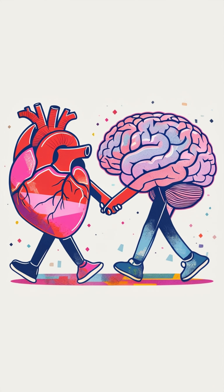 Playful Heart and Brain Holding Hands Retro Illustration Art