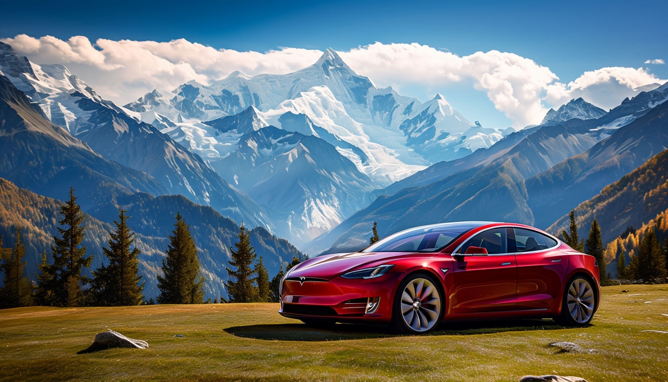 Serene Mountain Landscape with Red Tesla Model S Background