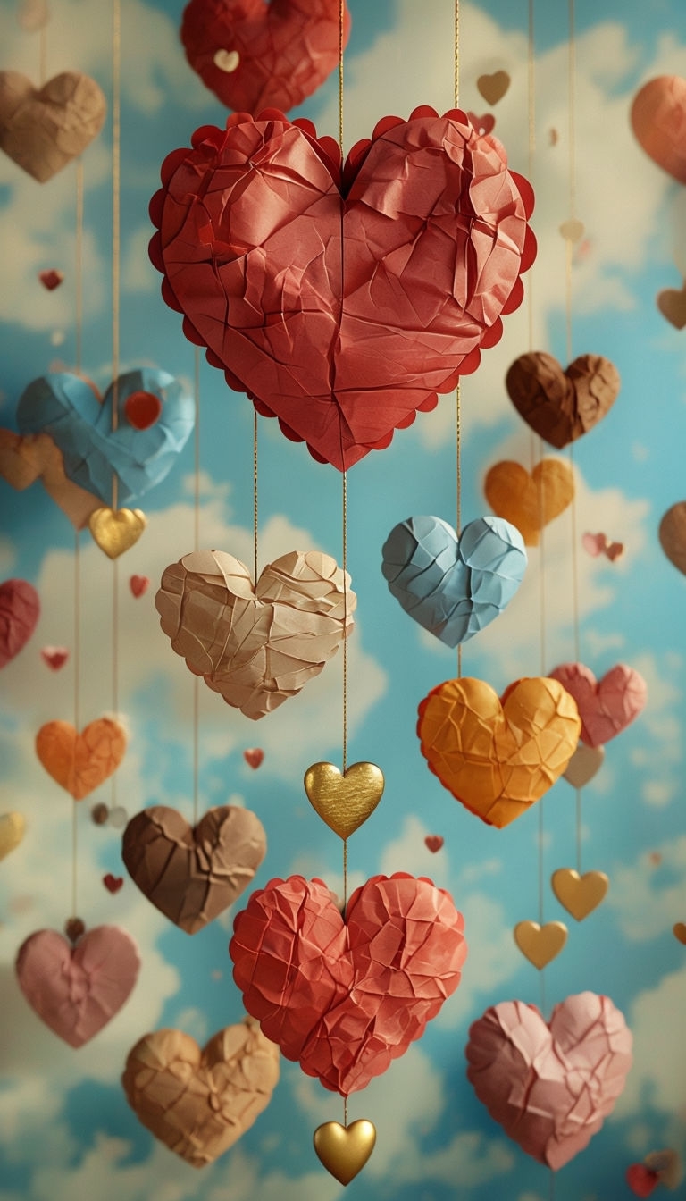 Whimsical Heart-Shaped Objects in Sky Blue Background Art