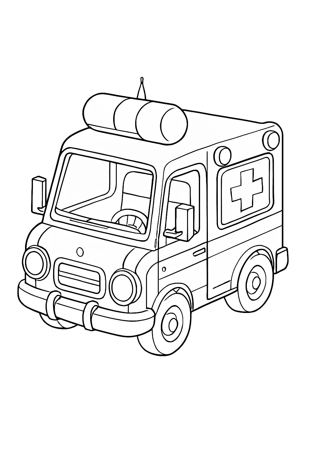 Cartoon Style Black and White Ambulance Line Drawing Coloring Book Pages