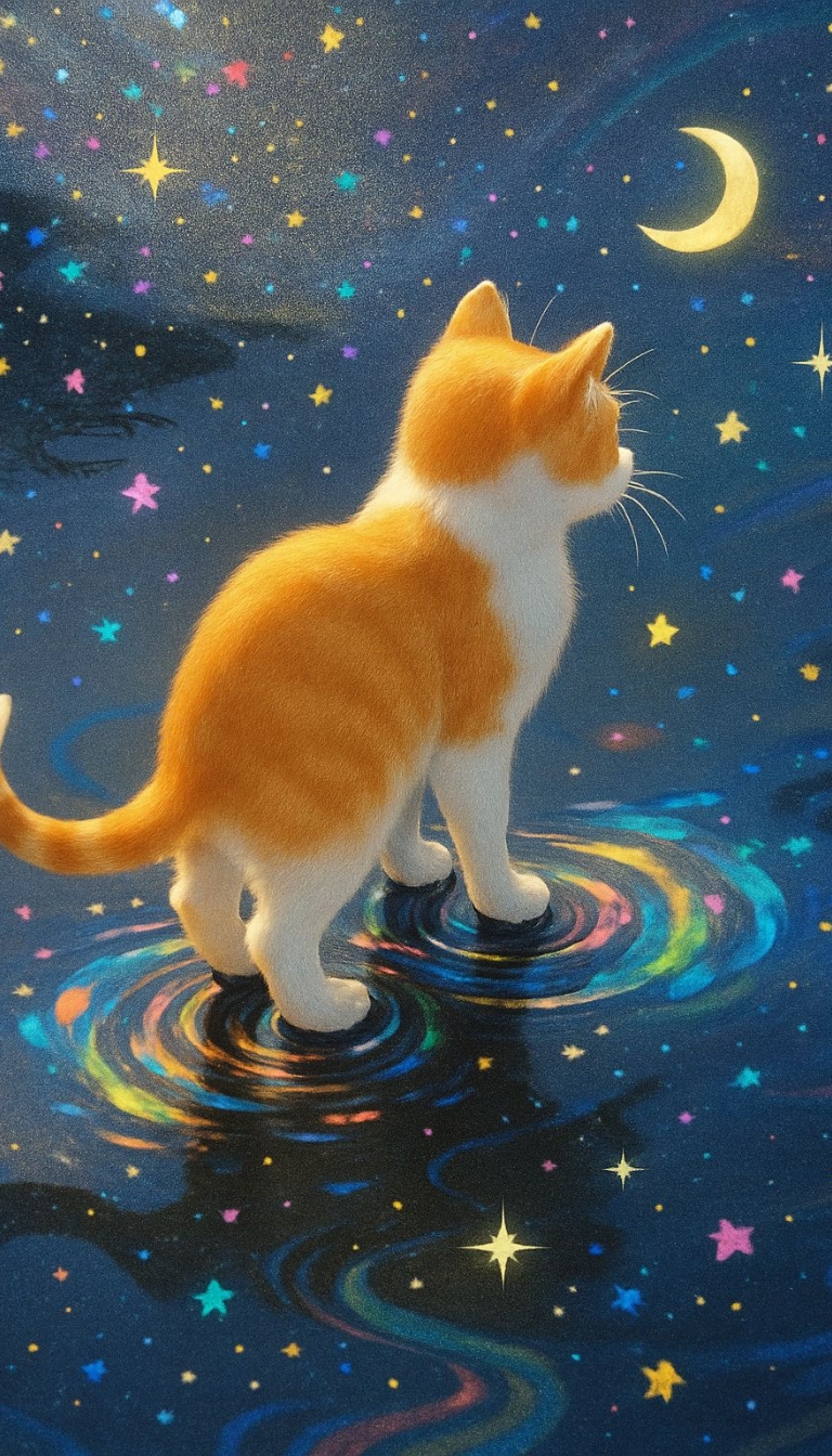 Enchanting Orange Cat Under Glowing Crescent Moon Mobile Wallpaper