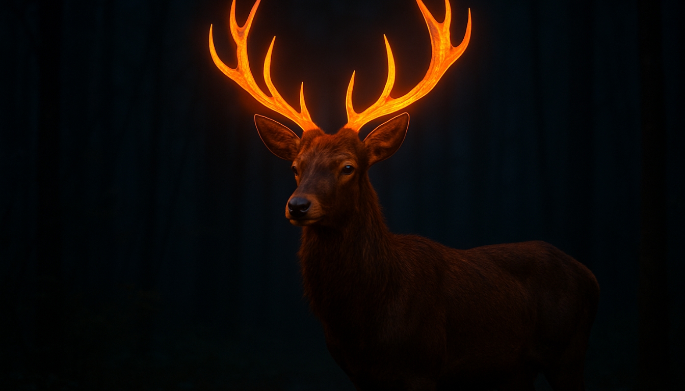 Majestic Deer with Glowing Antlers in Dark Forest Virtual Background