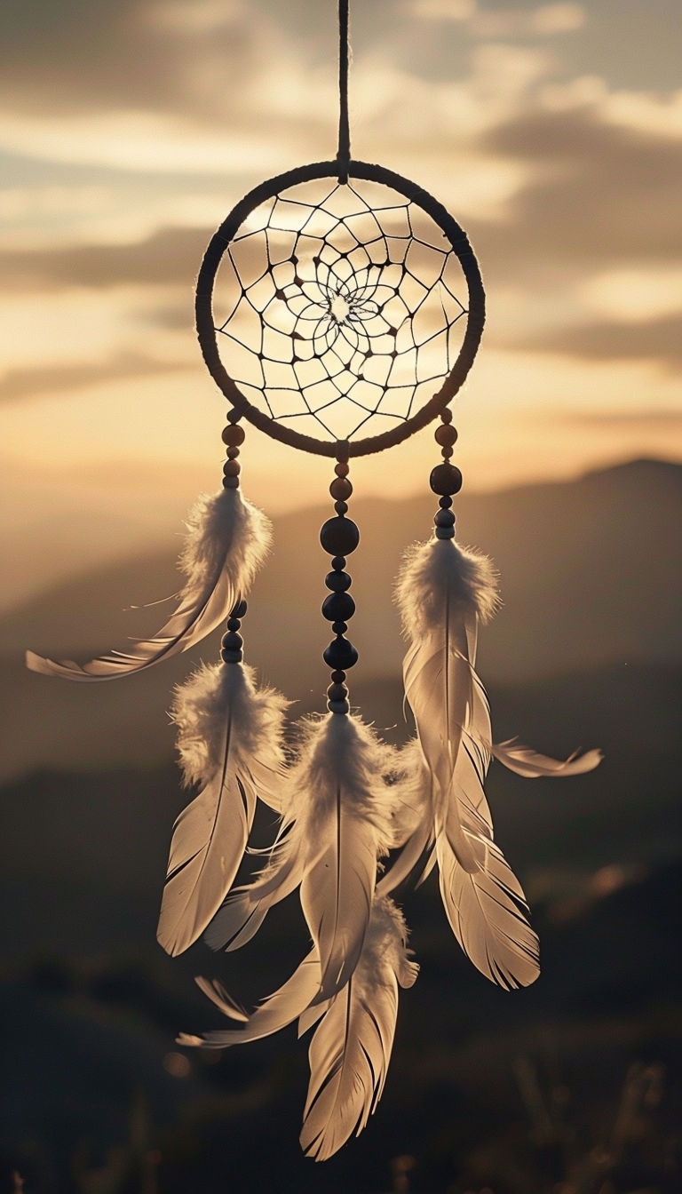 Serene Sunset Dreamcatcher with Soft Feathers Mobile Wallpaper