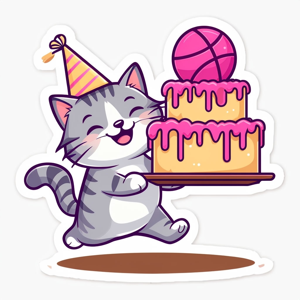 Cheerful Gray Tabby Cat with Birthday Cake Cartoon Sticker