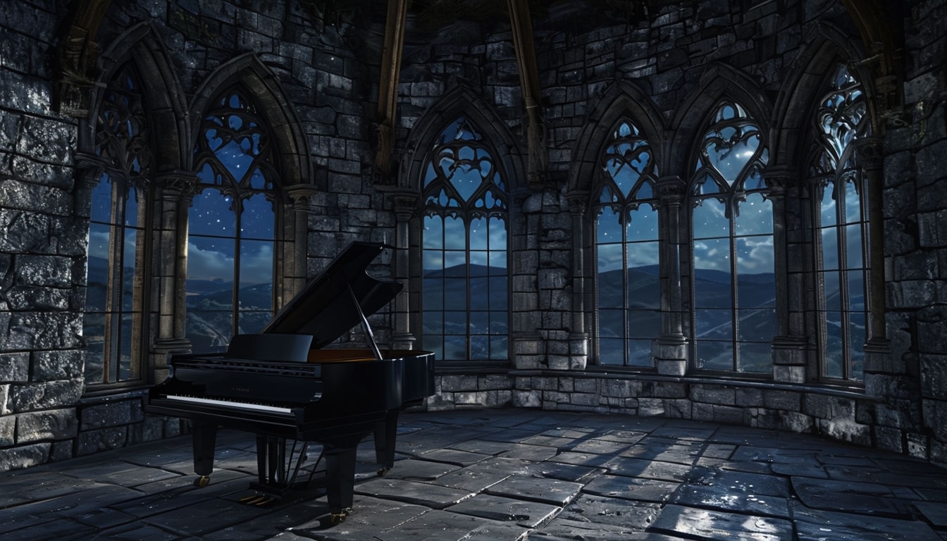 Moonlit Gothic Stone Room with Grand Piano Art