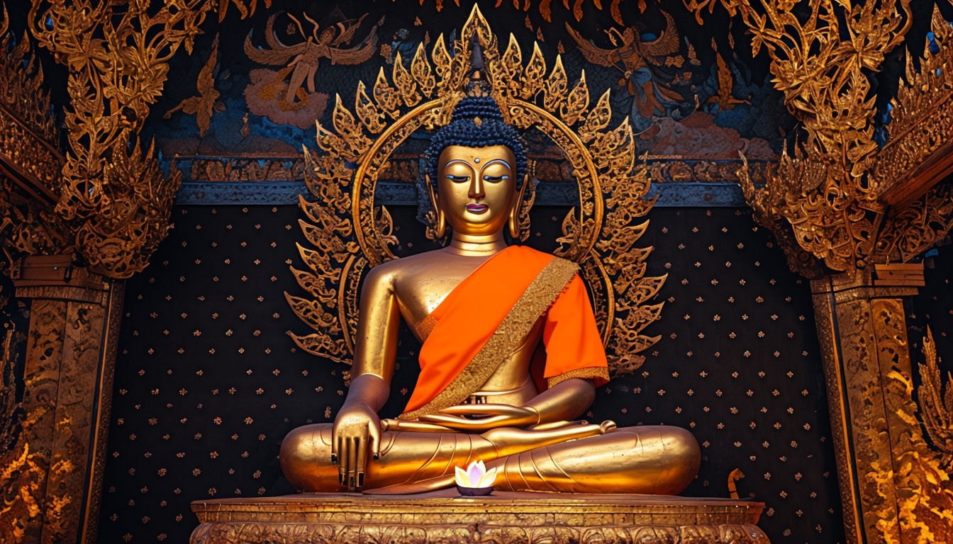 Intricate Golden Buddha Statue with Cultural Thai Art Background Virtual Backgrounds