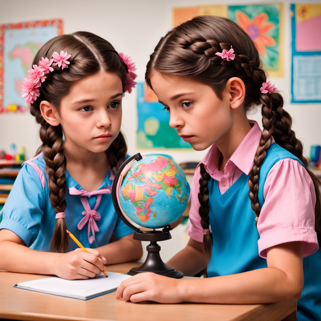 Create an image of a classroom setting where a boy and a gir by ss