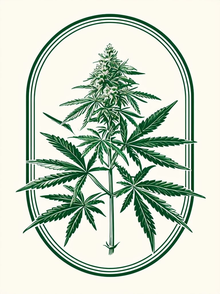 Vintage Botanical Cannabis Plant Line Drawing Art