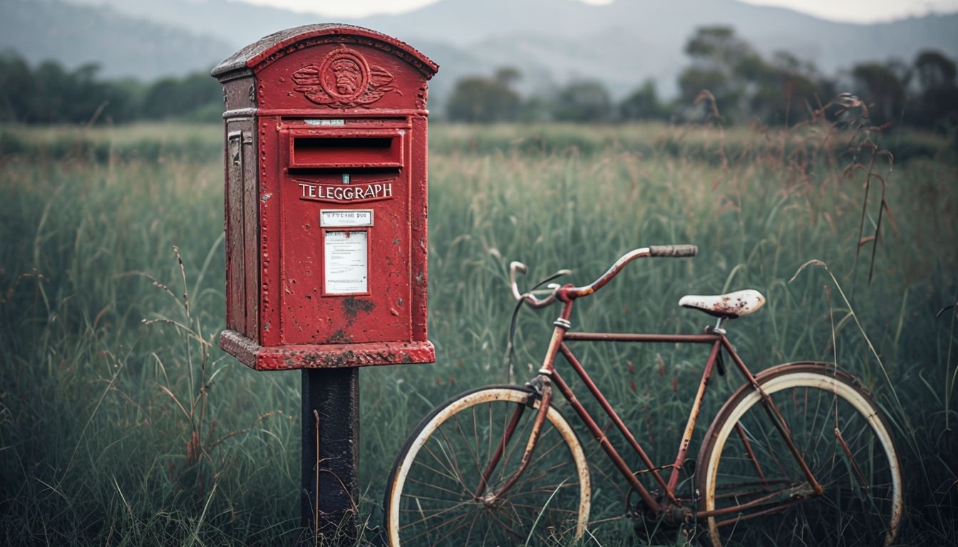 Vintage Red Post Box in Grassy Field Photography for Virtual Backgrounds