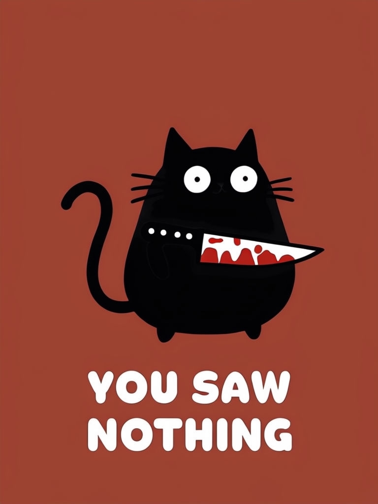 Whimsical Black Cat with Knife and 'You Saw Nothing' T-Shirt