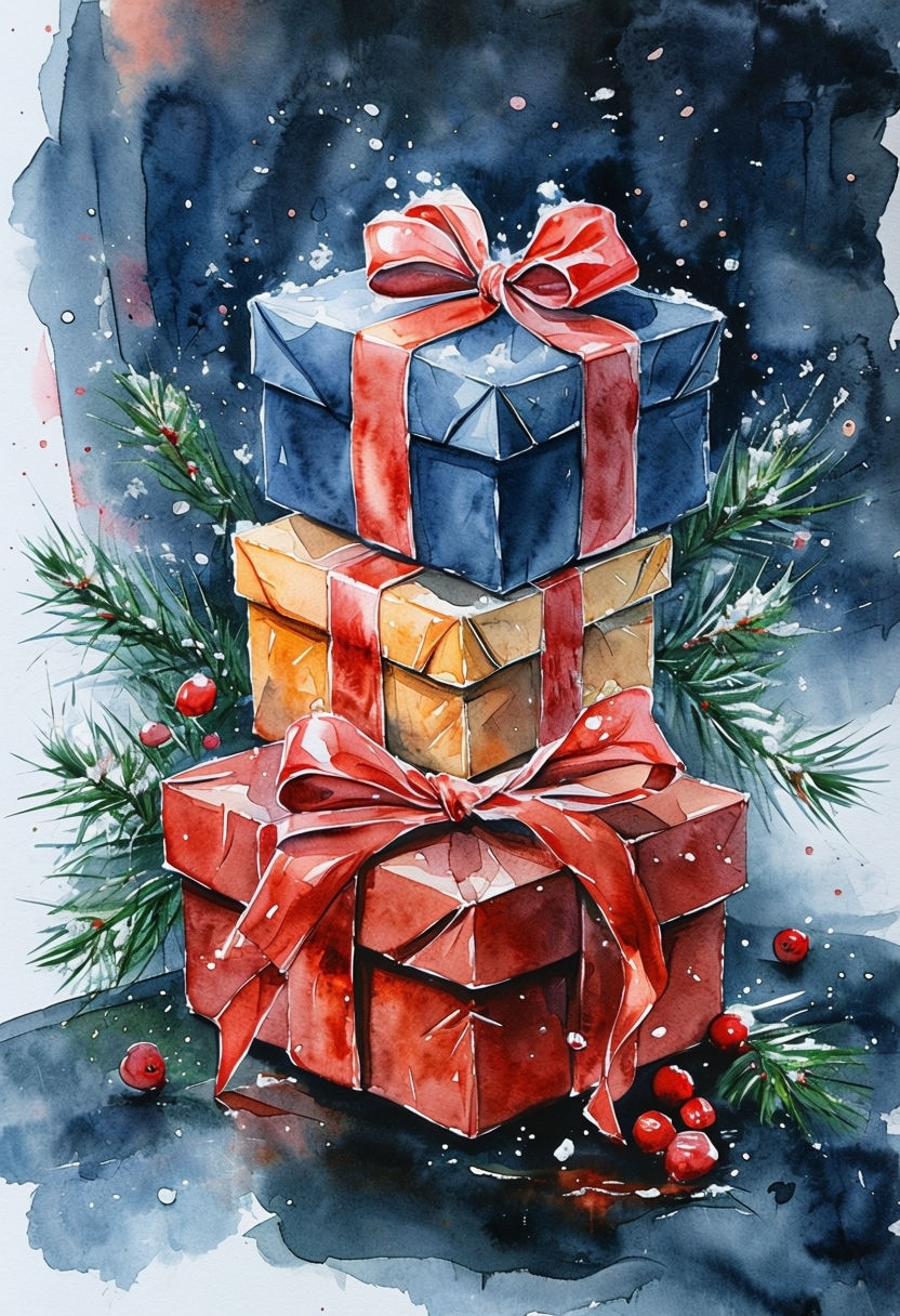 Festive Watercolor Christmas Gift Boxes with Pine and Snow Art