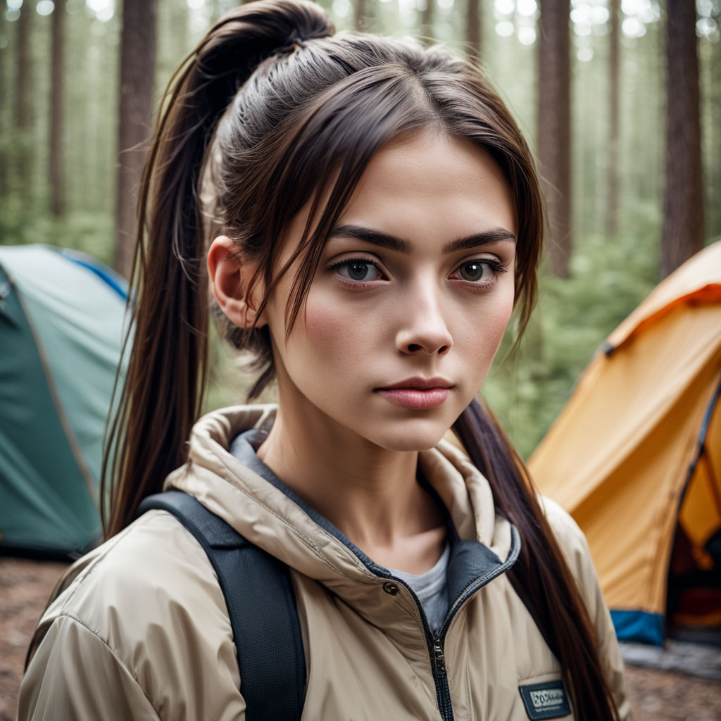 Sexy girl camping in a cabin