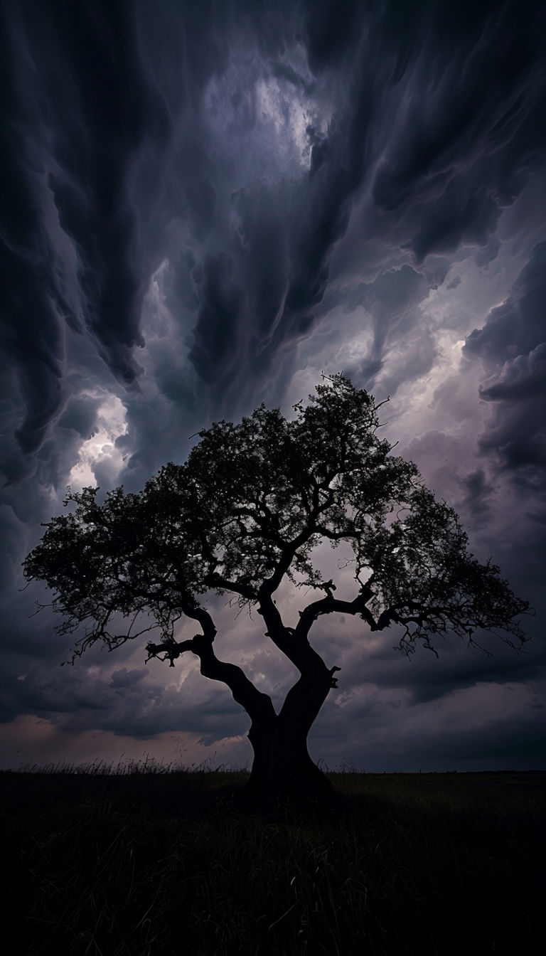 Dramatic Stormy Sky with Lone Tree Silhouette Mobile Wallpaper