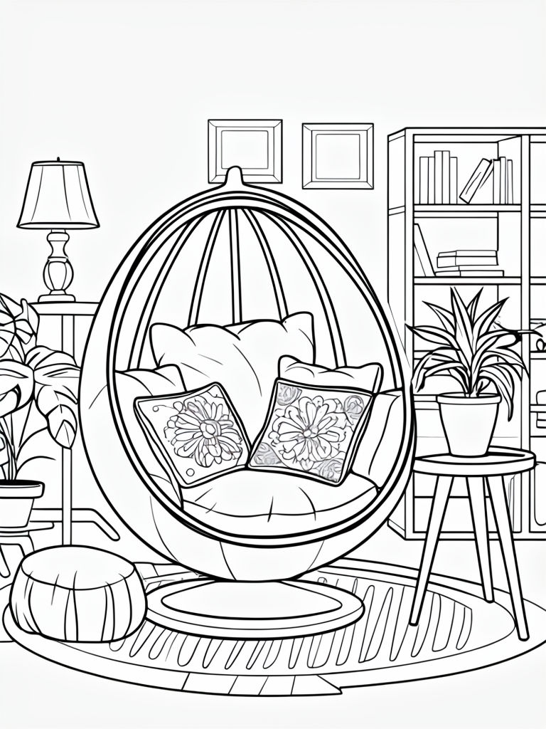 Cozy Indoor Pod Chair Scene Black and White Coloring Page