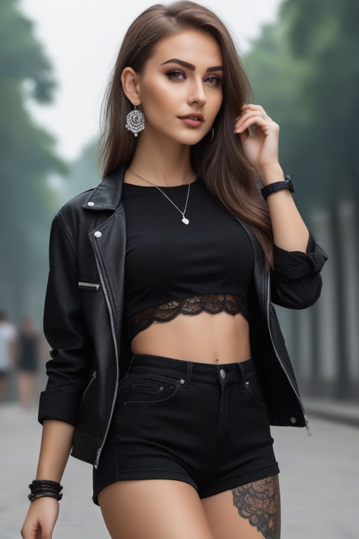 A thin girl with a piercing in the navel in very short lace by