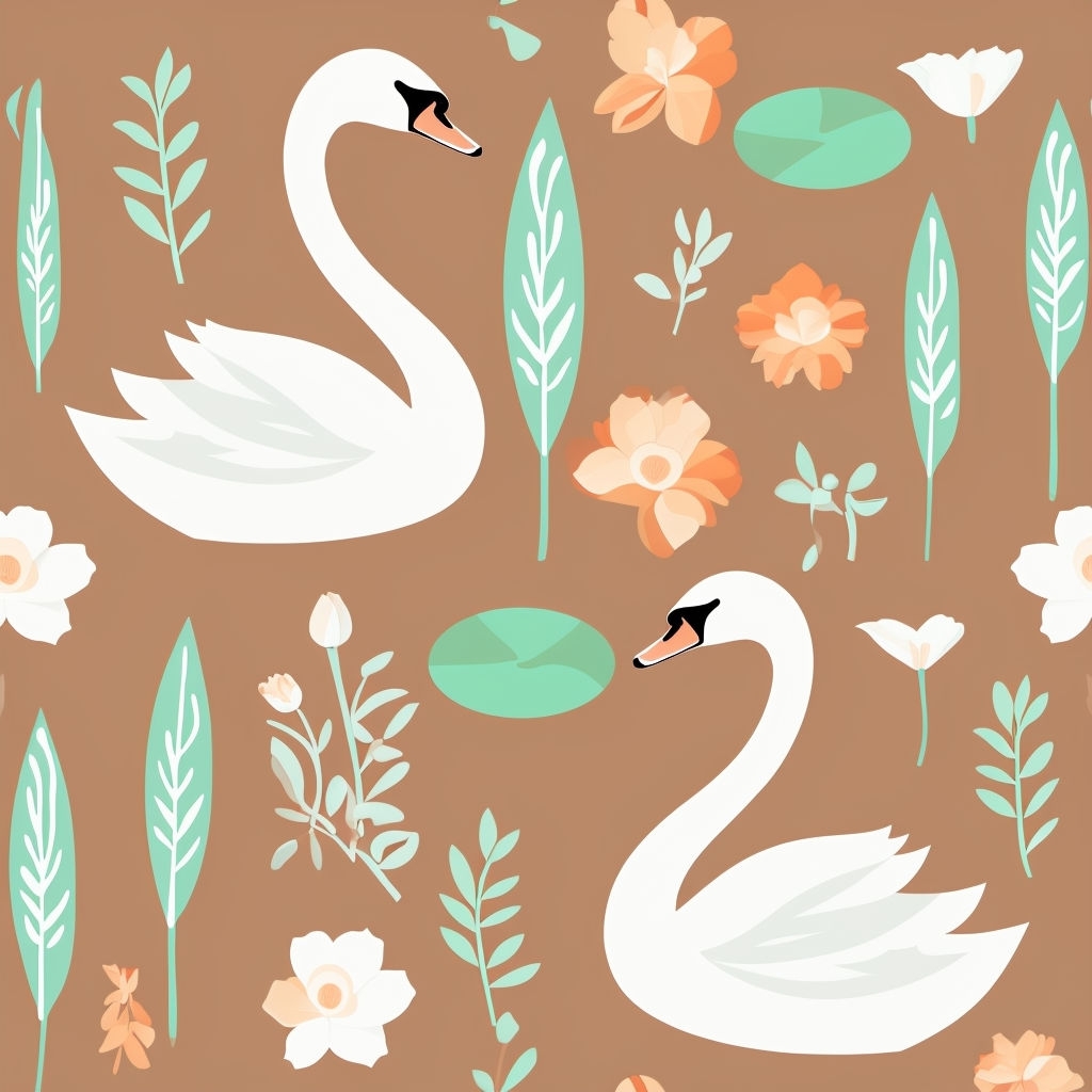 Stylized White Swans and Flowers Seamless Pattern Design