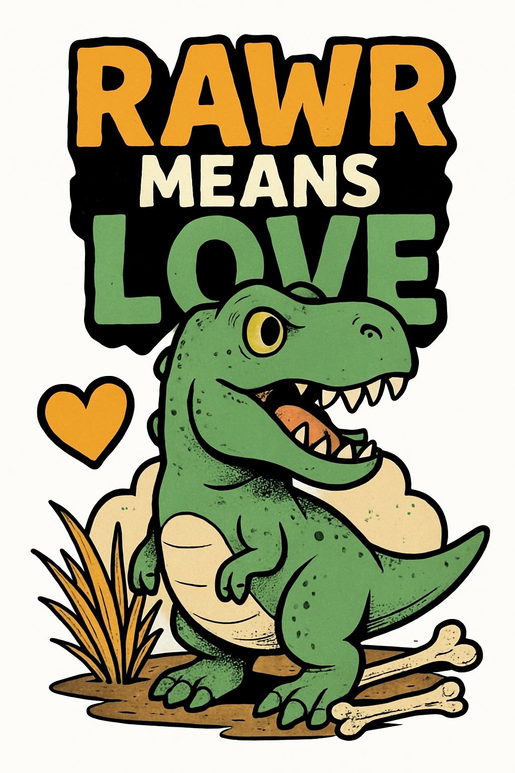 Cheerful Green Dinosaur with 'RAWR MEANS LOVE' T-shirt