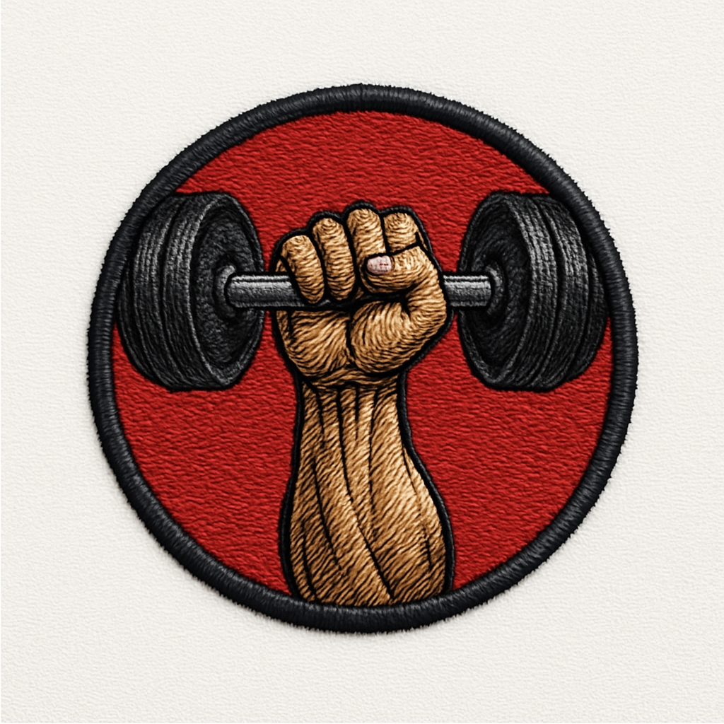 Detailed Embroidered Patch Design of a Muscular Arm and Barbell Hat