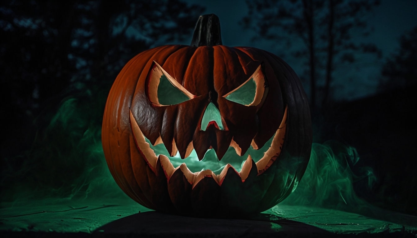 Eerie Green Glowing Pumpkin with Ghostly Fog Virtual Background