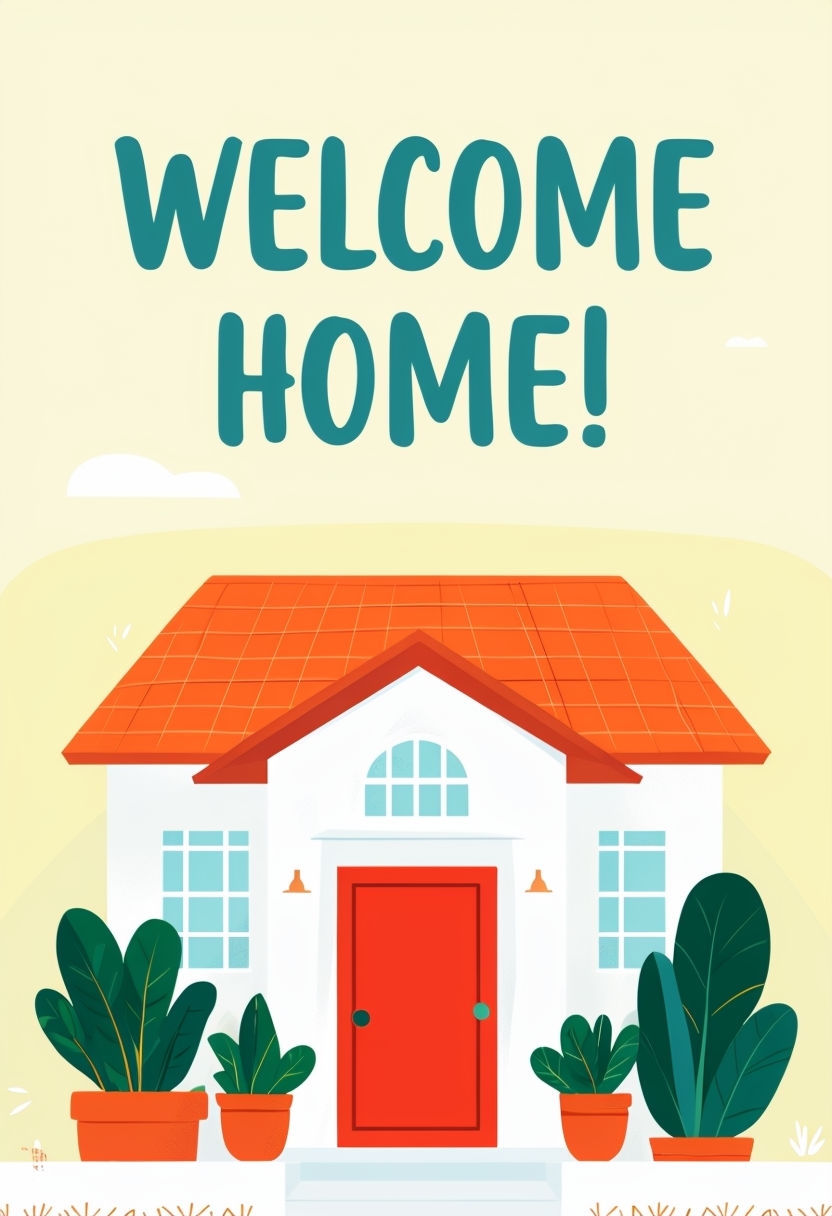 Cheerful Welcome Home Card Design with Stylized House Illustration Cards & Invites