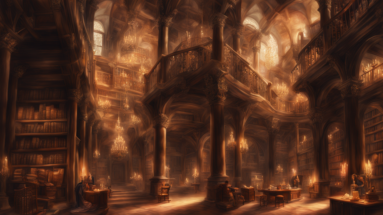 Digital painting depicting a vast library with multilevel fl... by ...