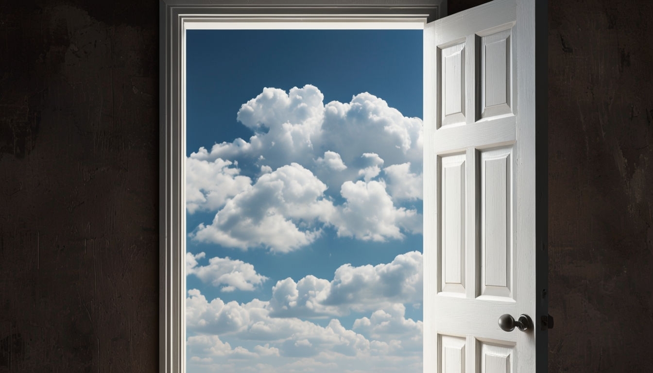 Serene Open Doorway with Blue Sky and Clouds Virtual Background