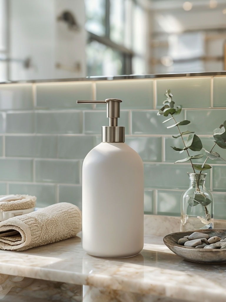 Elegant White Ceramic Soap Dispenser in Modern Bathroom Mockup