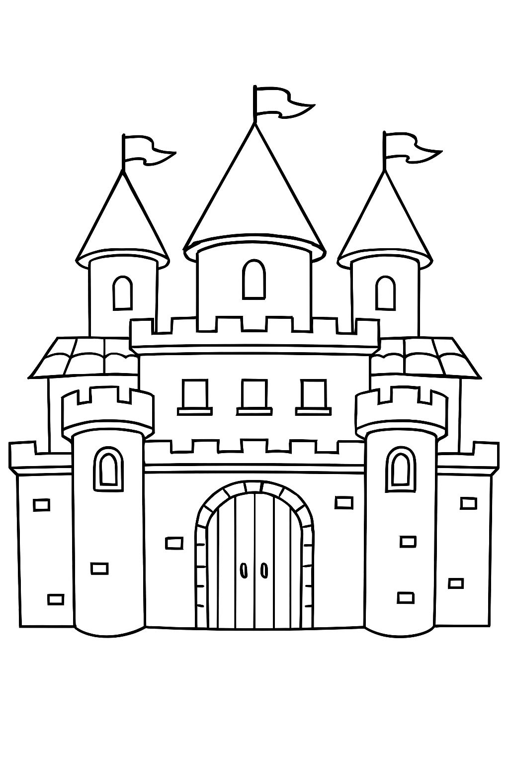 Whimsical Black and White Castle Line Drawing Coloring Page