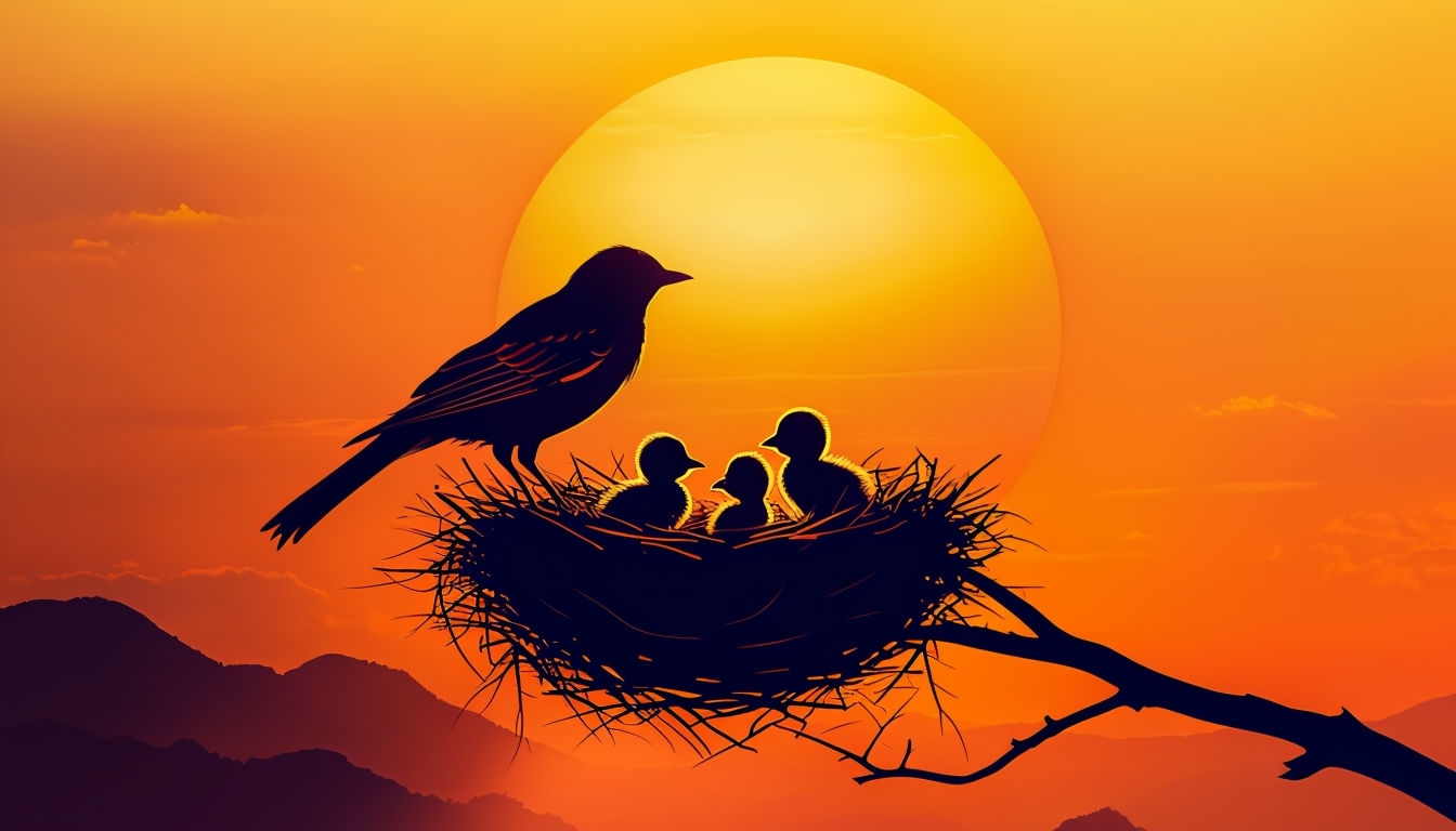 Serene Sunset with Bird and Nest Silhouette Virtual Backgrounds