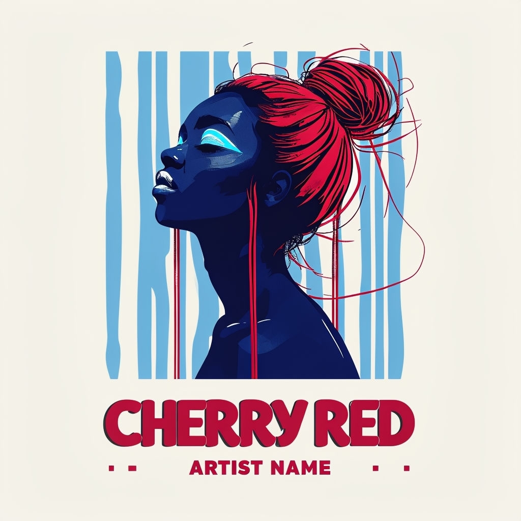 Serene Cherry Red Profile Illustration with Dynamic Hair Art Spotify Album Cover