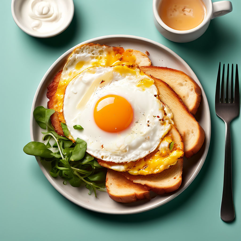 A delicious fried egg breakfast with bread and unique beauti... by Ozul ...