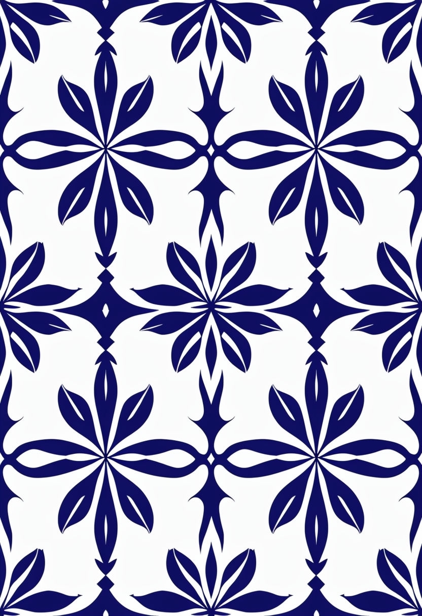 Navy Blue Floral Geometric Pattern on White Background Seamless Pattern