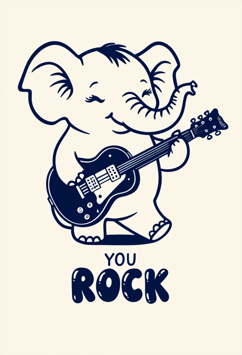 Cheerful Cartoon Elephant Playing Guitar You Rock Sticker