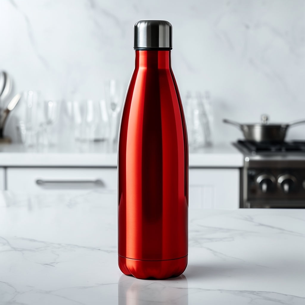 Sleek Red Stainless Steel Water Bottle Mockup