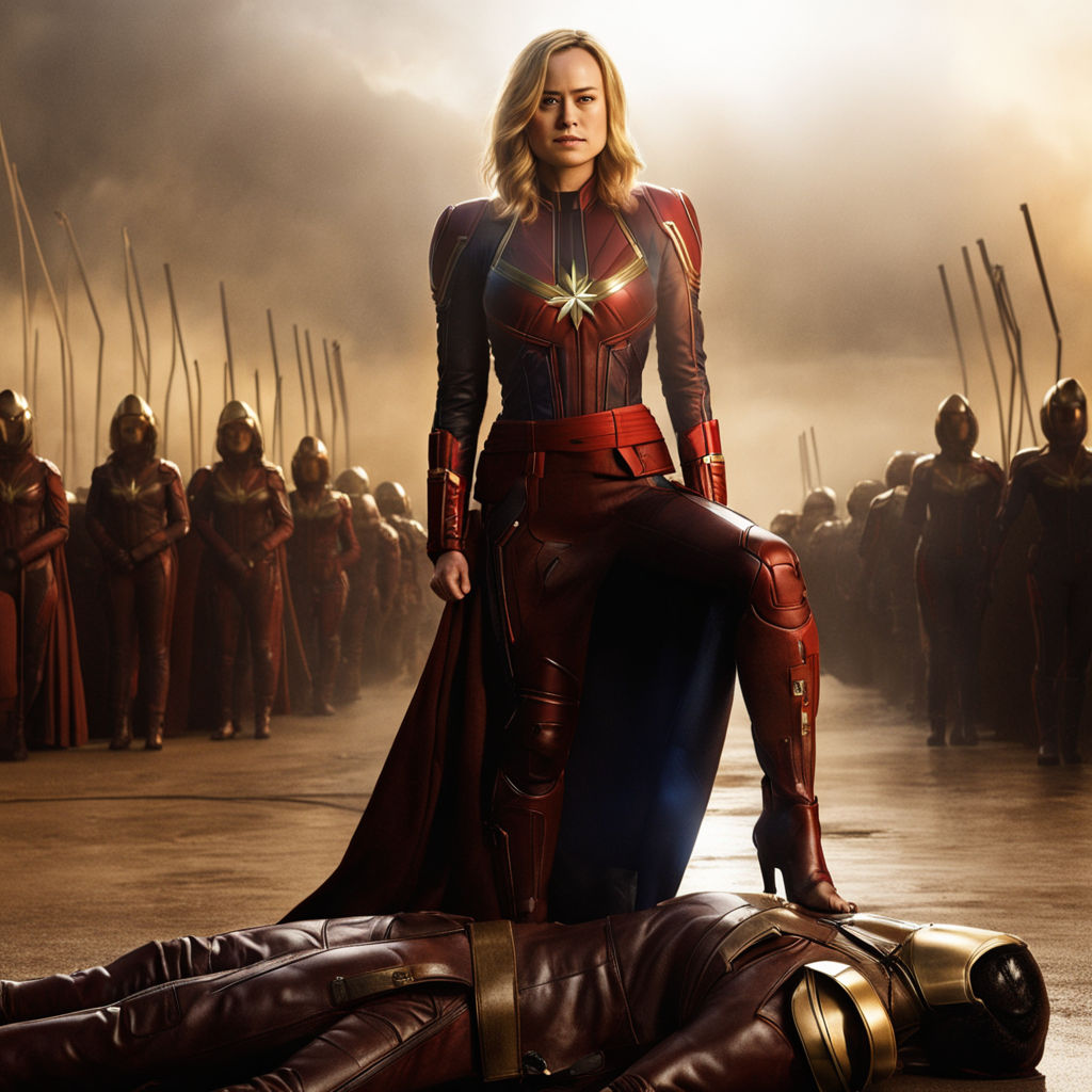 Sexy Captain Marvel with back of body standing at the avengers basement in  sharp and super realistic format