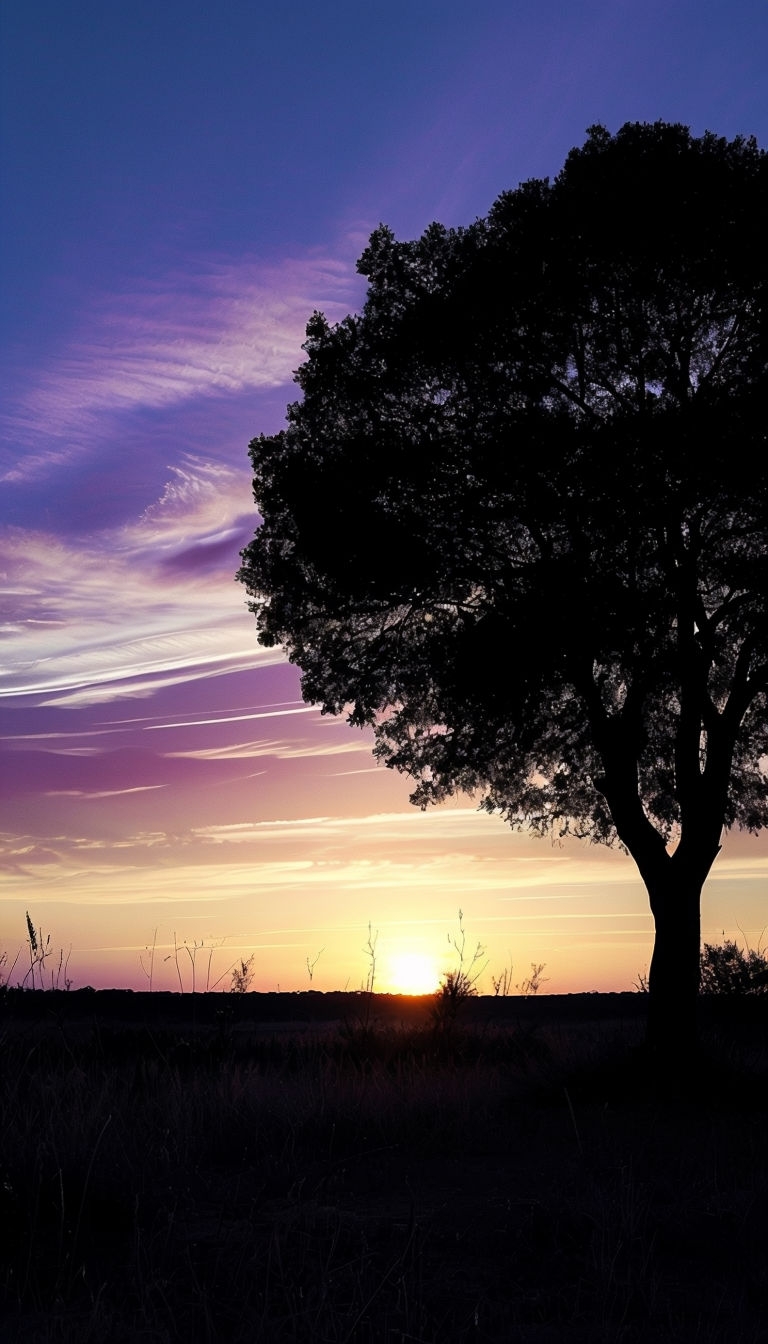 Serene Sunset Landscape with Silhouetted Tree Mobile Wallpaper