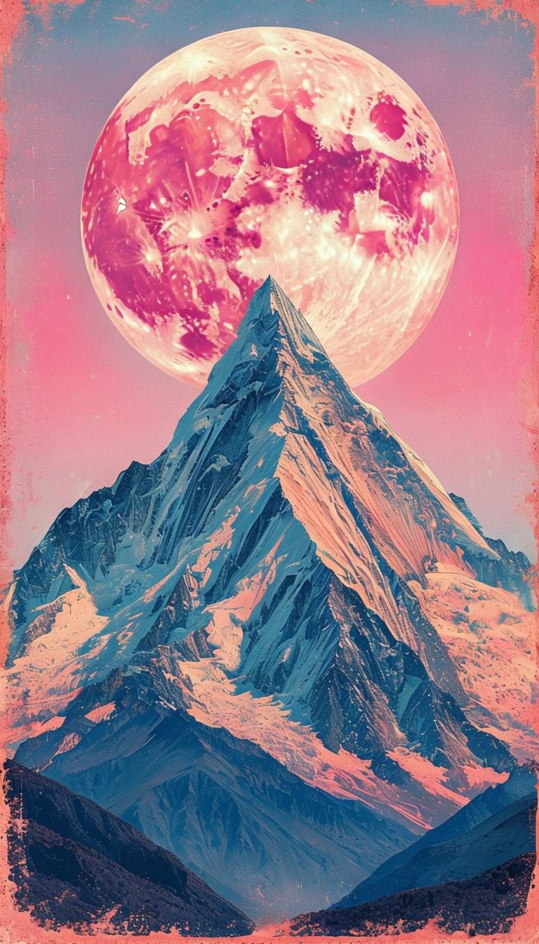 Surreal Mountain Landscape with Pink Moon and Retro Texture Mobile Wallpaper
