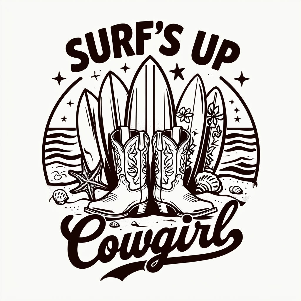 Playful Beach Cowgirl Surf's Up Design T-Shirt