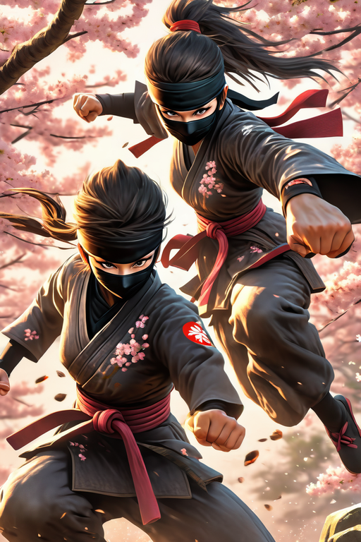 Two female ninja warriors in karate poses facing each other by Hasibul ...