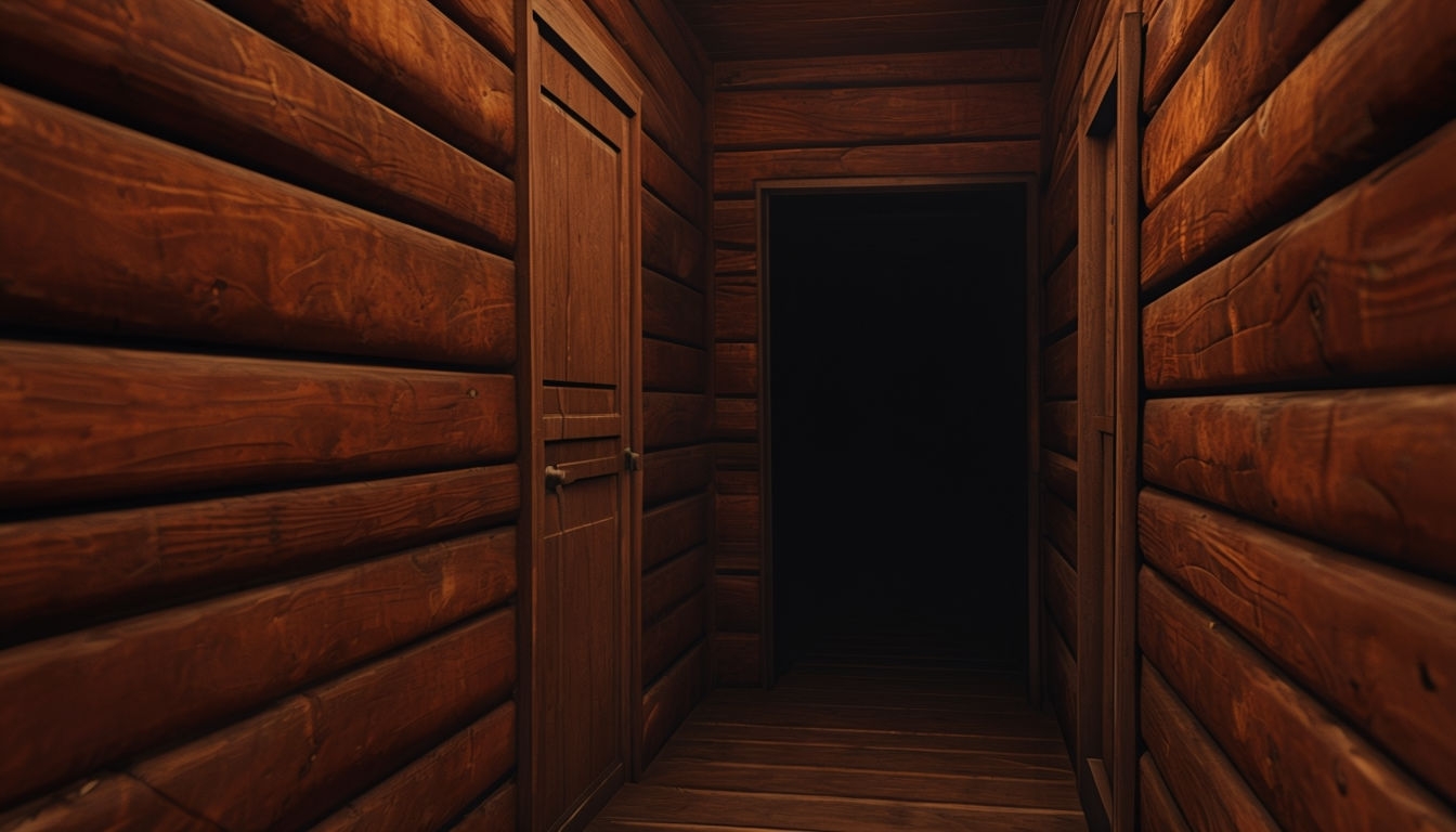 Wooden Corridor with Dim Lighting and Dark Doorway Virtual Background